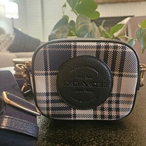 Coach Mini Dempsey Camera Bag With Garden Plaid Print And Coach Patch Midnight